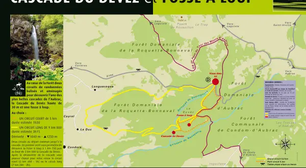 Carte des sentiers de randonnée de la cascade du Devèz et de la Fosse à Loup. Deux circuits pour découvrir la beauté de l'Aubrac.
