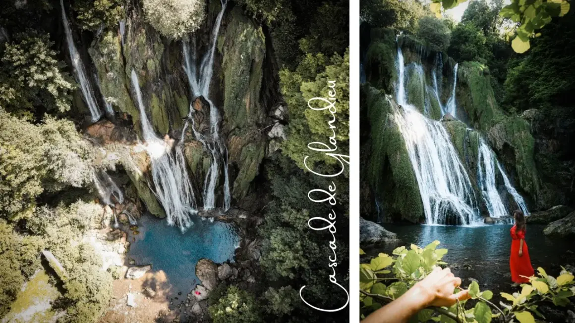 La cascade de Glandieu, un spectacle naturel impressionnant, se déploie en multiples bras d'eau sur une falaise verdoyante.