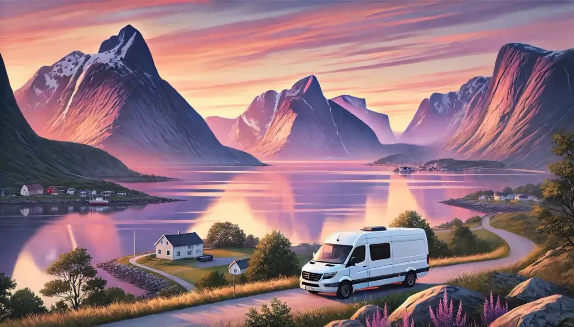 Un van blanc roule sur une route côtière menant au lac de la Cadie, entouré de montagnes majestueuses sous un ciel rose et orangé.