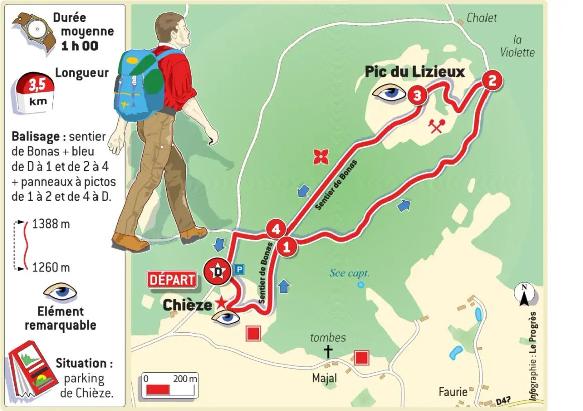 Carte d'une randonnée de 3,5 km vers le Pic du Lizieux, départ de Chièze. Durée moyenne 1h. Balisage sentier de Bonas et bleu.