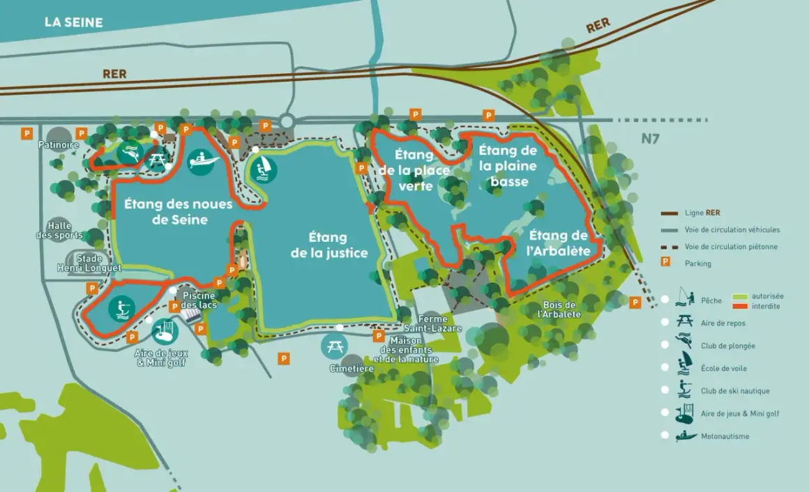 Carte du lac de Viry-Châtillon, montrant les étangs, les pistes cyclables, les aires de jeux et les installations sportives.