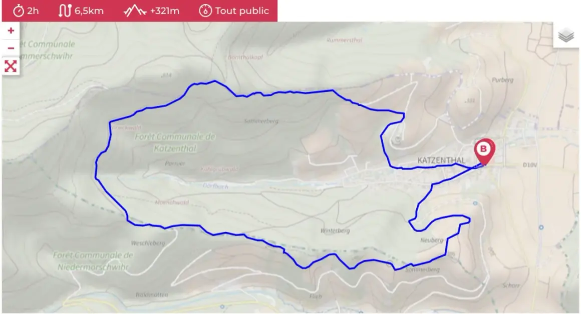 Carte topographique montrant un itinéraire de randonnée de 6,5 km autour de Katzenthal. L'option pour ouvrir fichier gpx est visible.