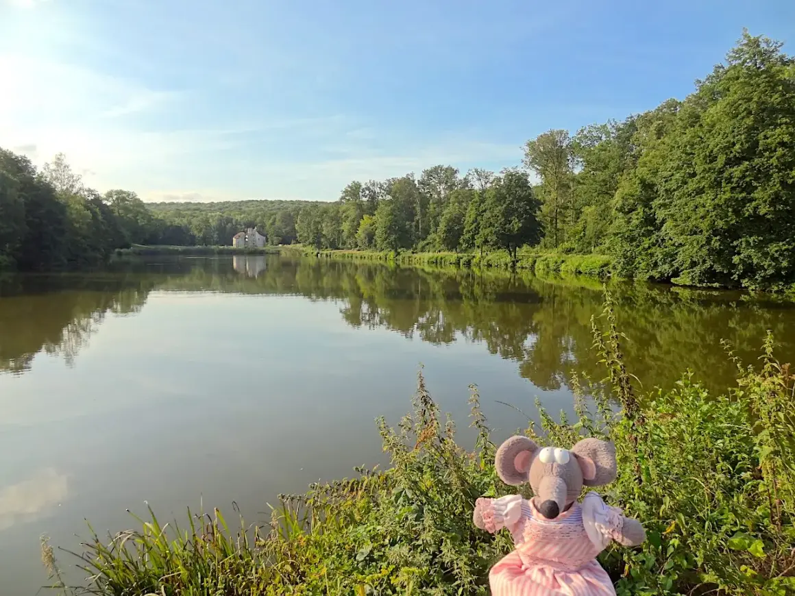 Une souris en robe rose profite d'une balade en forêt autour de moi, au bord d'un lac paisible reflétant un château.