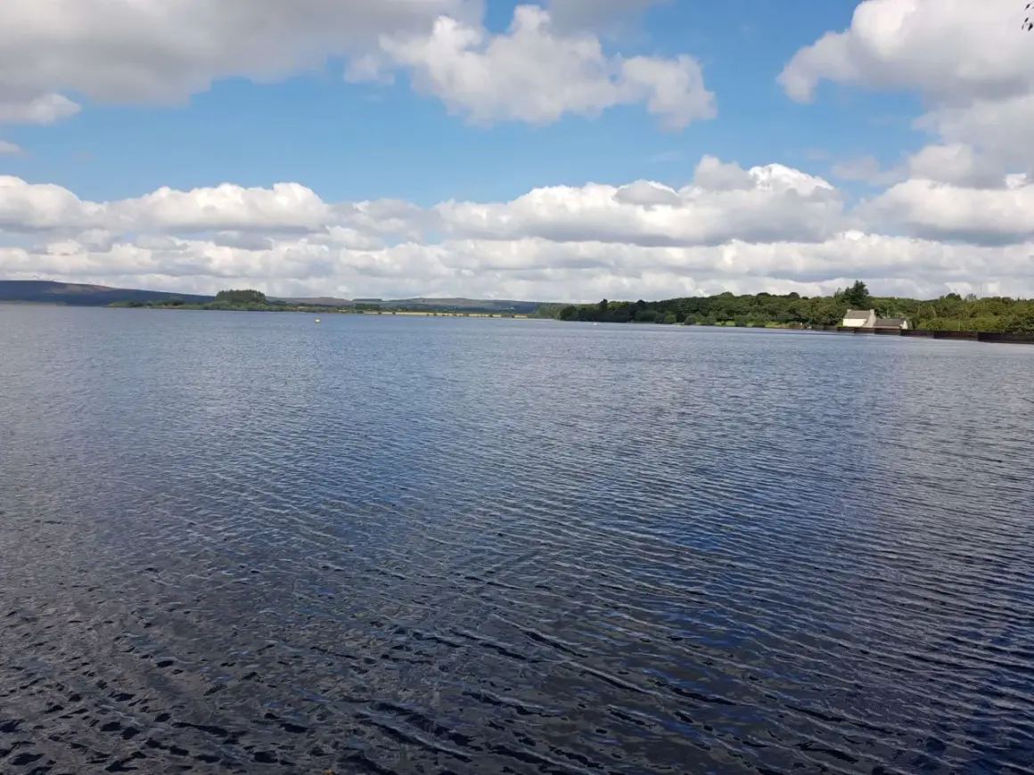 Vaste étendue d'eau calme sous un ciel bleu parsemé de nuages blancs. Le lac de Brennilis s'étend à perte de vue, bordé par une ligne d'arbres verdoyants et quelques constructions.