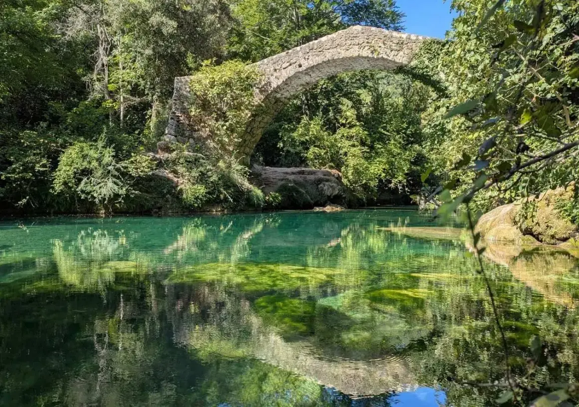 Pont de pierre envahi par la végétation au-dessus des eaux turquoise des gorges de la Siagne, reflétant le ciel et la végétation luxuriante.