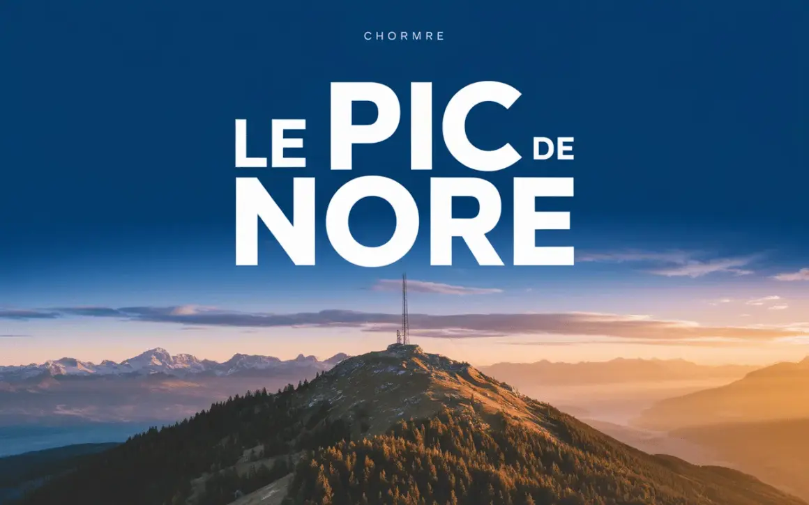 Le pic de Nore, sommet majestueux sous un ciel bleu, dominé par une antenne. Paysage montagneux au coucher du soleil.