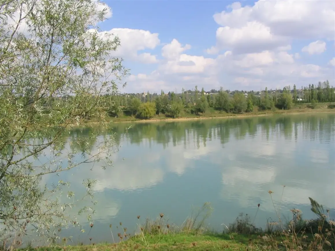Le lac de Beaupuy, paisible sous un ciel bleu parsemé de nuages blancs, reflète la végétation luxuriante de ses rives.
