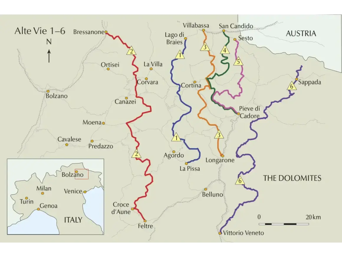 Carte des Alte Vie 1-6 dans les Dolomites, incluant l'Alta Via 2.