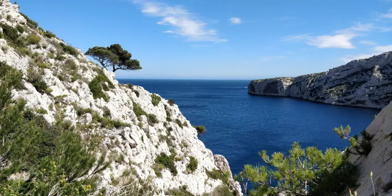 Vue sur la calanque de Sormiou, un itin&eacute;raire de randonn&eacute;e menant &agrave; ce paysage m&eacute;diterran&eacute;en spectaculaire. Falaises blanches, mer bleue et v&eacute;g&eacute;tation typique.