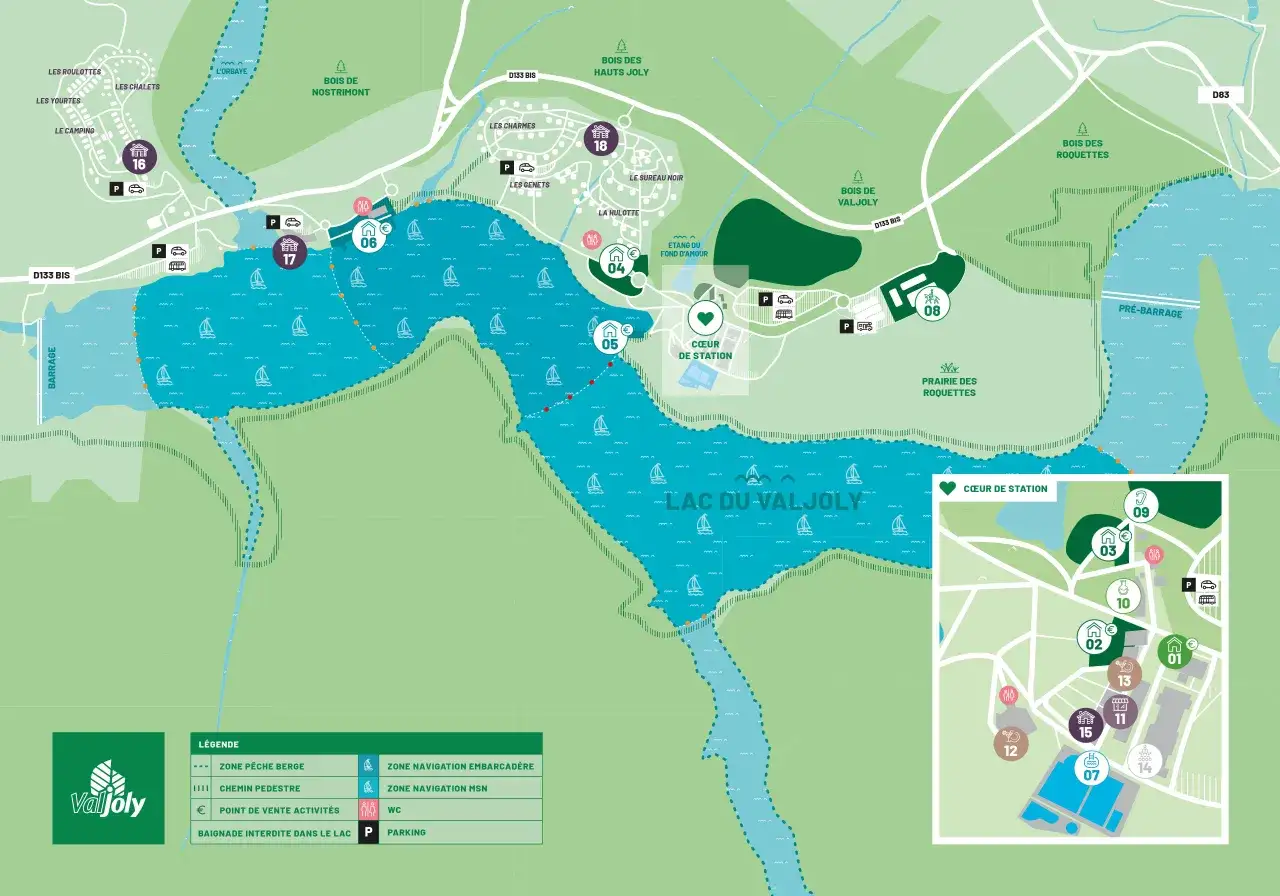 Carte du lac du Valjoly, avec des sentiers, des zones de navigation et des points d'int&eacute;r&ecirc;t. Un itin&eacute;raire id&eacute;al pour d&eacute;couvrir le val joly.