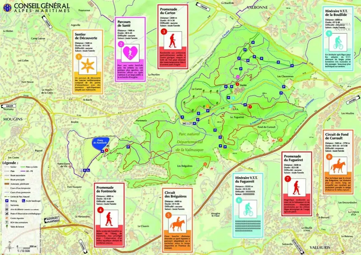 Carte du parc naturel d&eacute;partemental de la Valmasque, avec sentiers, circuits VTT et promenades.