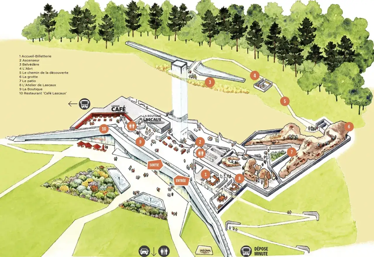 Plan du grotte de Lascaux itin&eacute;raire : accueil, ascenseur, belv&eacute;d&egrave;re, chemin de d&eacute;couverte, grotte, patio, atelier, boutique et restaurant.