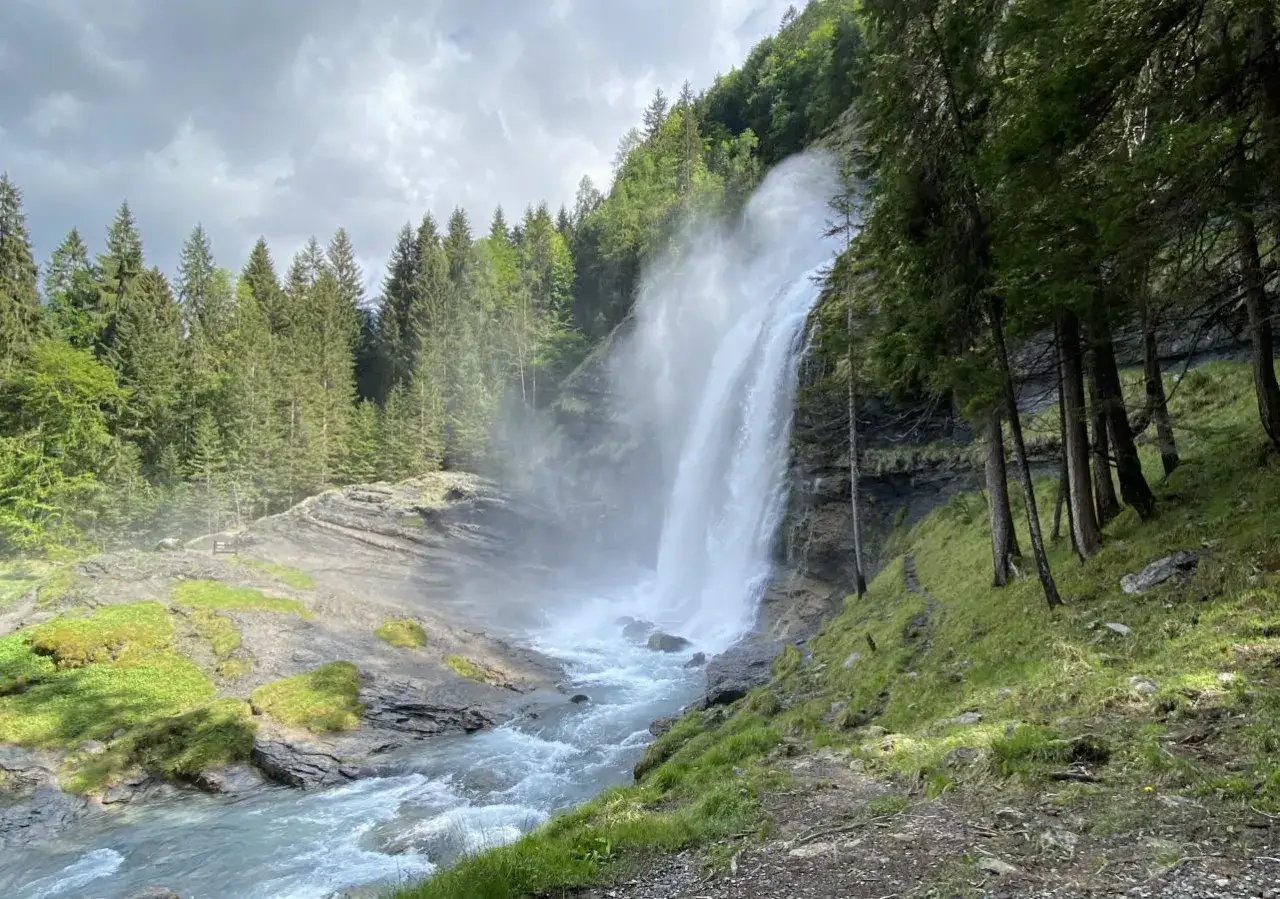La cascade de Morette dévale une falaise rocheuse, entourée d'une forêt de pins verdoyante. L'eau forme un voile blanc et un torrent s'écoule au pied.