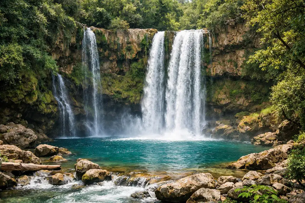 Magnifique cascade saut de la virole, ses eaux turquoise tombent sur des rochers moussus, entour&eacute;e d'une v&eacute;g&eacute;tation luxuriante.
