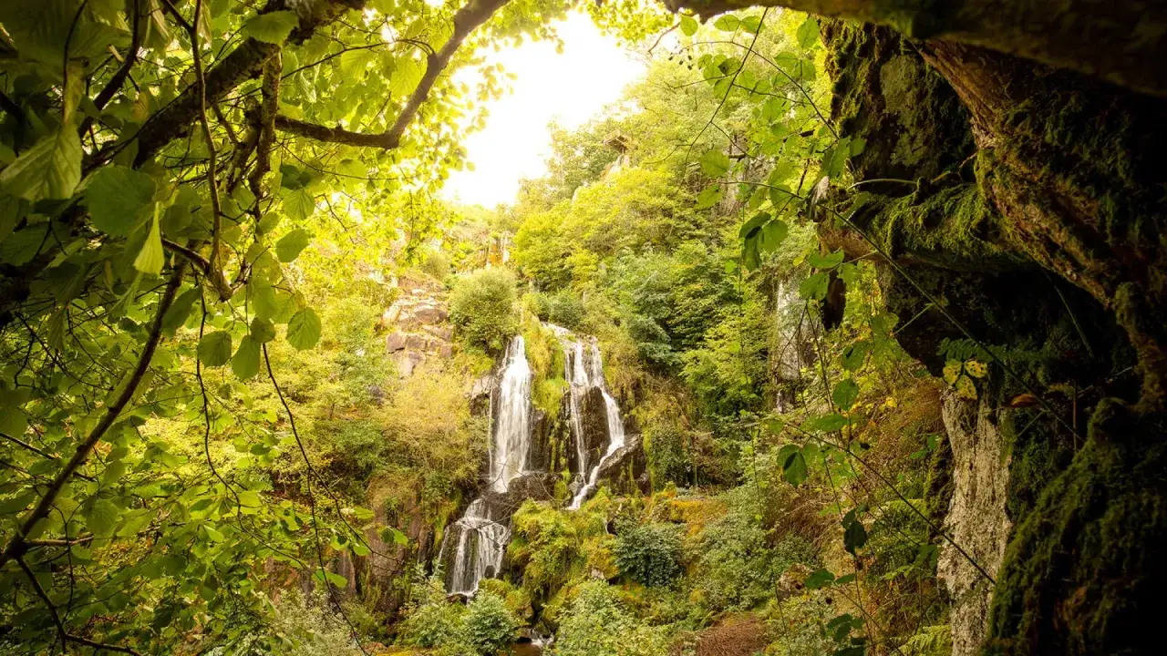 La cascade du Devez, un spectacle naturel impressionnant, se d&eacute;verse dans un &eacute;crin de verdure luxuriante, entour&eacute;e de rochers moussus et de feuillages denses.