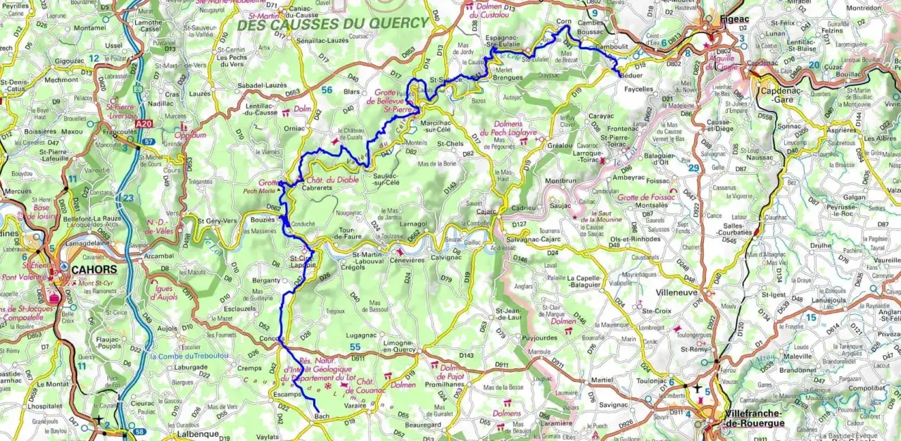 Carte de la vall&eacute;e du C&eacute;l&eacute;, avec un itin&eacute;raire bleu traversant des villages et des sites naturels.