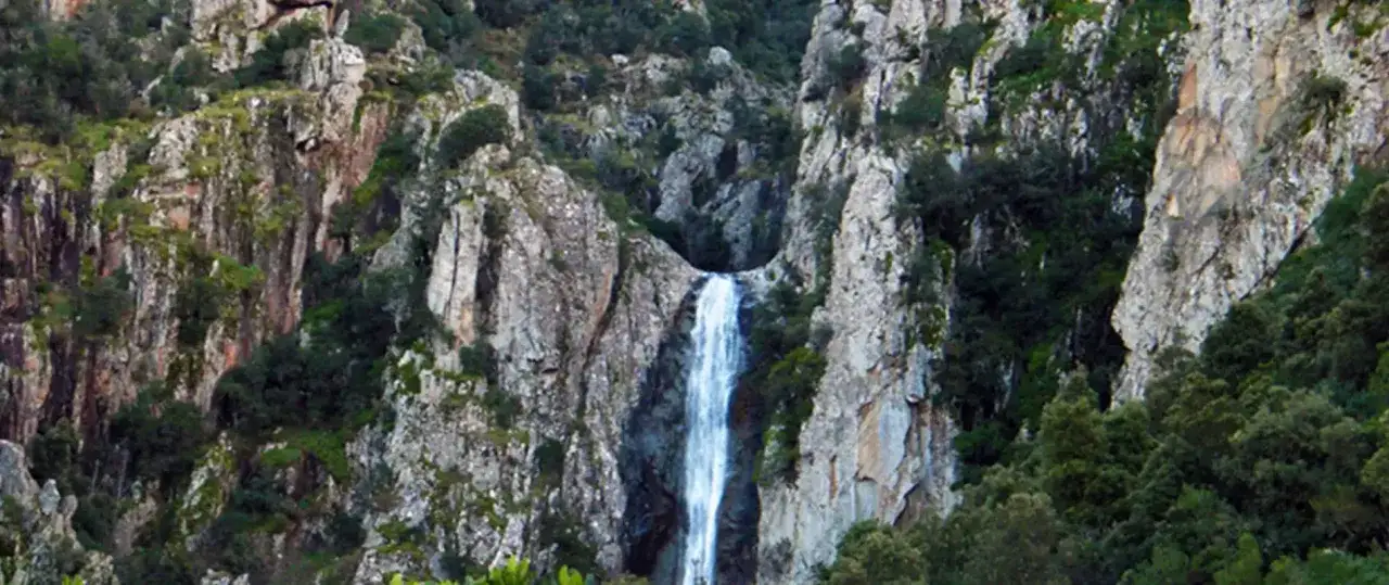 Cascade spectaculaire de la Piscia di l'Onda, plongeant dans un canyon rocheux et verdoyant.