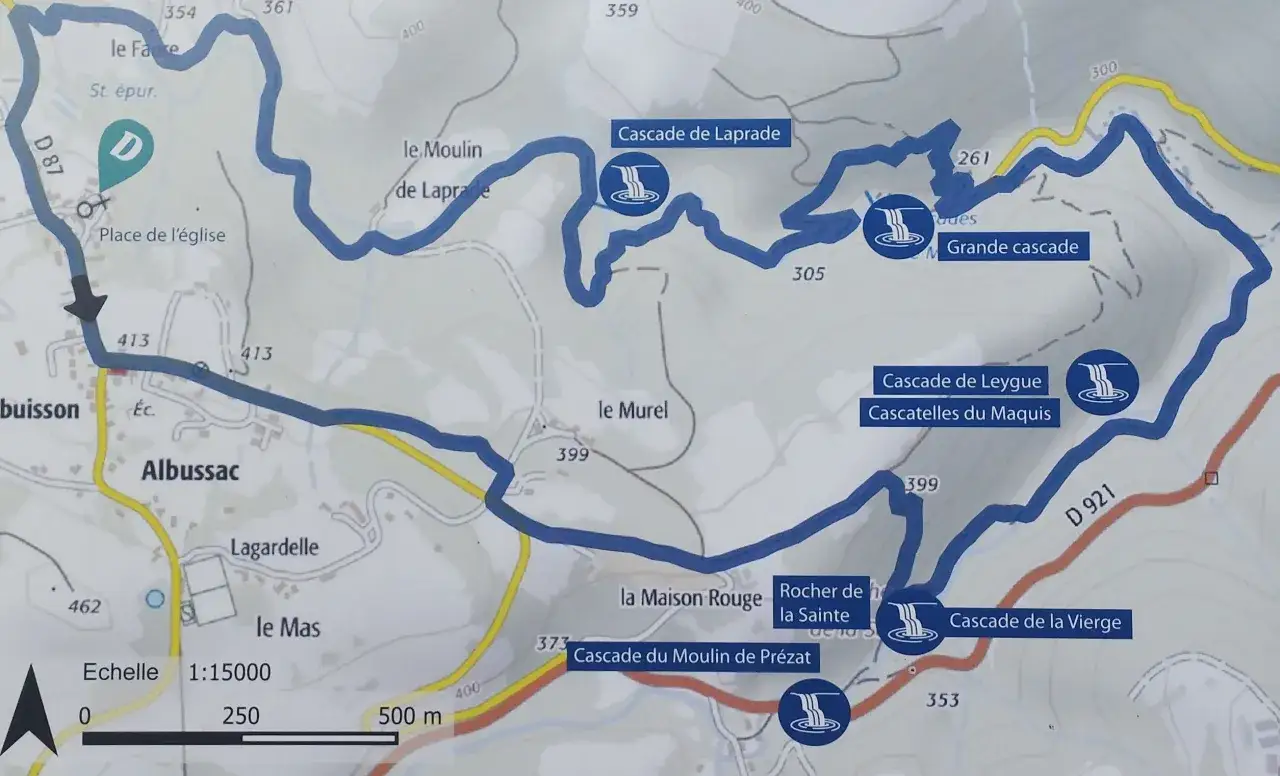 Carte d'un itinéraire de randonnée, montrant le parcours bleu menant à plusieurs cascades, dont la cascade de Murel.