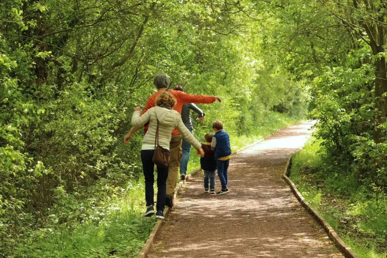 Une famille profite d'une promenade ensoleill&eacute;e sur un sentier bois&eacute; pr&egrave;s du lac de Tremelin.