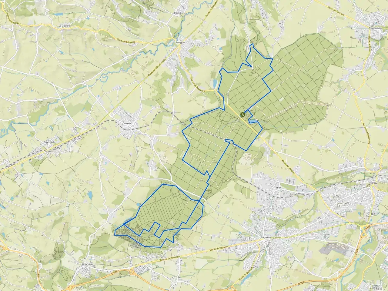 Carte de l'itin&eacute;raire de la for&ecirc;t de Bouconne, montrant les chemins et les environs de L&eacute;vignac.