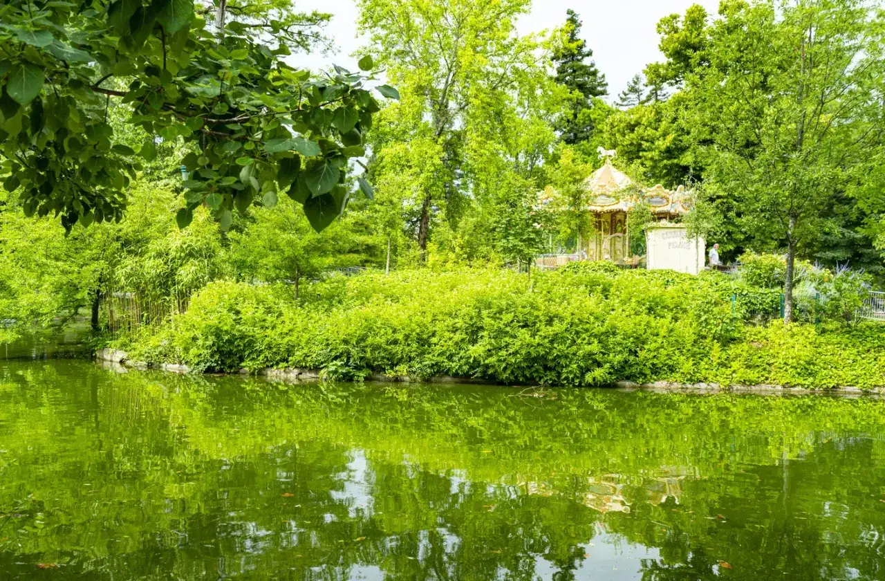 Un carrousel dor&eacute; scintille au milieu d'une v&eacute;g&eacute;tation luxuriante, refl&eacute;t&eacute; dans l'eau paisible d'un parc floral &agrave; Bordeaux.