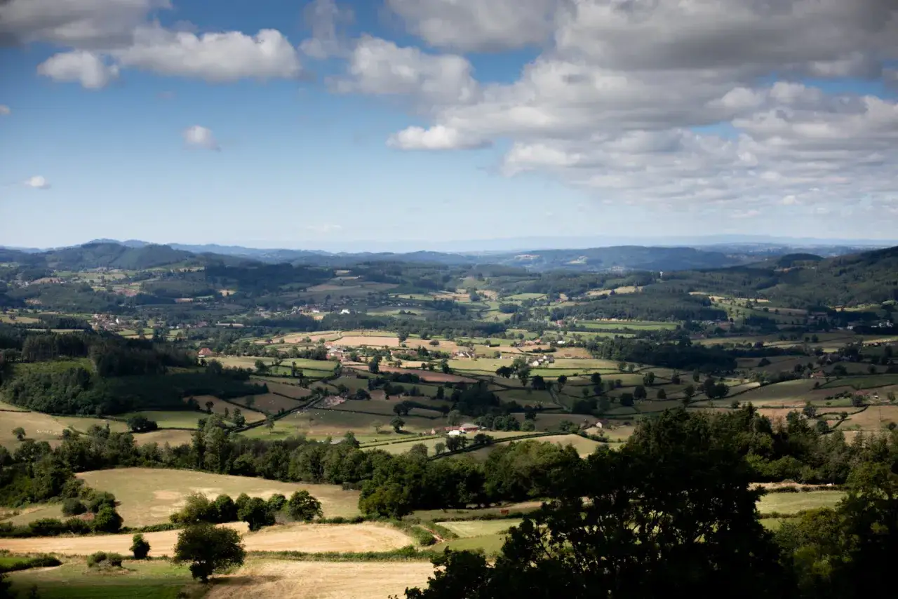 Vue panoramique sur la campagne vallonnée, parsemée de champs et de bois, avec une petite butte de suin au loin.