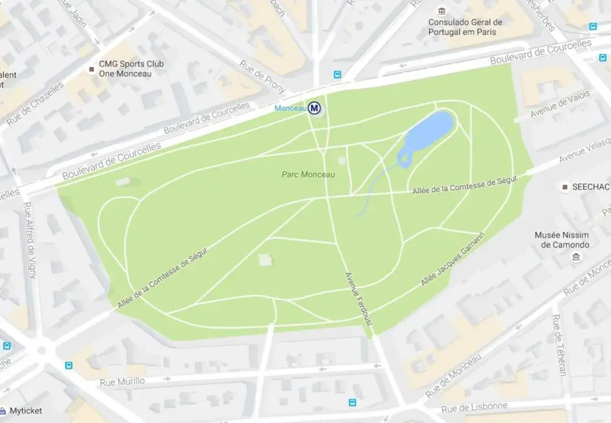 Plan du Parc Monceau &agrave; Paris, avec ses all&eacute;es, son &eacute;tang et la station de m&eacute;tro Monceau.