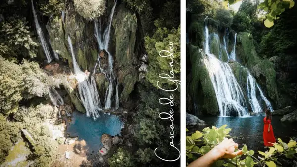 La cascade de Glandieu, un spectacle naturel impressionnant, se déploie en multiples bras d'eau sur une falaise verdoyante.