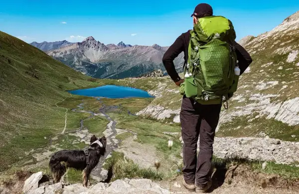 Un randonneur et son chien contemplent un lac bleu et des montagnes majestueuses. Une belle randonnée avec chien.