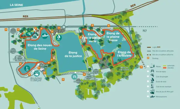 Carte du lac de Viry-Châtillon, montrant les étangs, les pistes cyclables, les aires de jeux et les installations sportives.