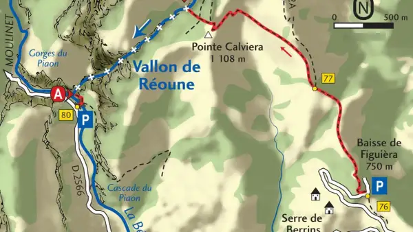 Carte de randonnée indiquant les Gorges du Piaon, le Vallon de Réoune et la cascade du Piaon. Un sentier rouge serpente vers la Pointe Calviera.