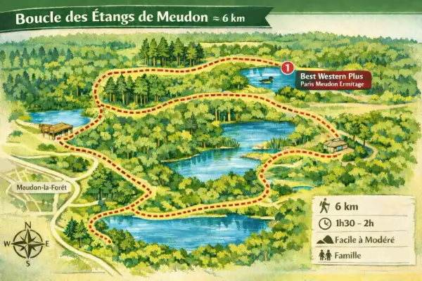 Carte de la boucle des étangs de Meudon, un sentier de 6 km à travers la forêt, avec des lacs, des chemins et des indications de durée et difficulté.