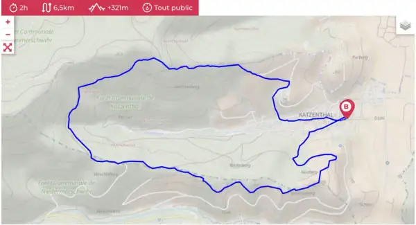Carte topographique montrant un itinéraire de randonnée de 6,5 km autour de Katzenthal. L'option pour ouvrir fichier gpx est visible.