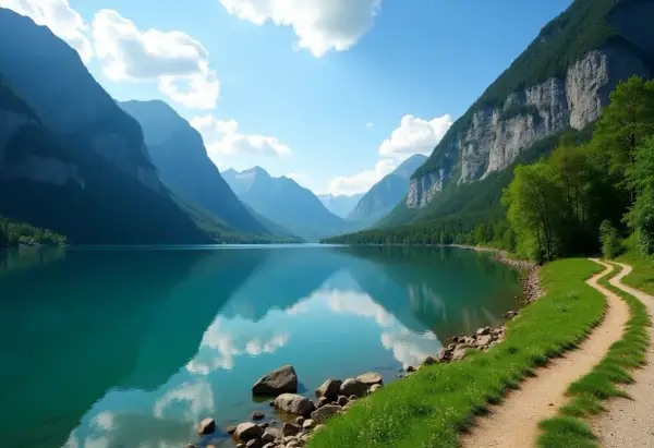 Le lac du Broc, paisible et turquoise, reflète les montagnes majestueuses et le ciel bleu. Un sentier serpente sur la rive verdoyante.