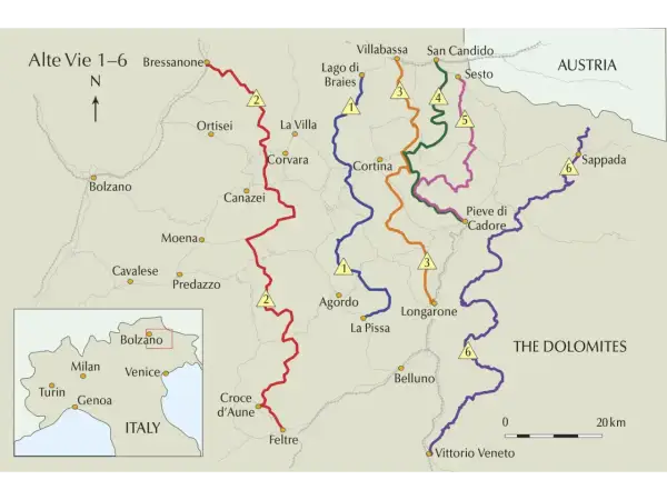 Carte des Alte Vie 1-6 dans les Dolomites, incluant l'Alta Via 2.