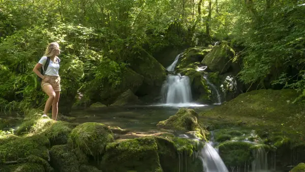 Une randonneuse admire un petit cirque de consolation, une cascade paisible au cœur d'une forêt luxuriante.