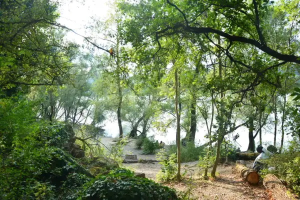Arbres verdoyants et sentier sablonneux au parc de la Feyssine. Deux personnes profitent du calme au bord de l'eau.