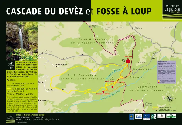 Carte des sentiers de randonnée de la cascade du Devèz et de la Fosse à Loup. Deux circuits pour découvrir la beauté de l'Aubrac.